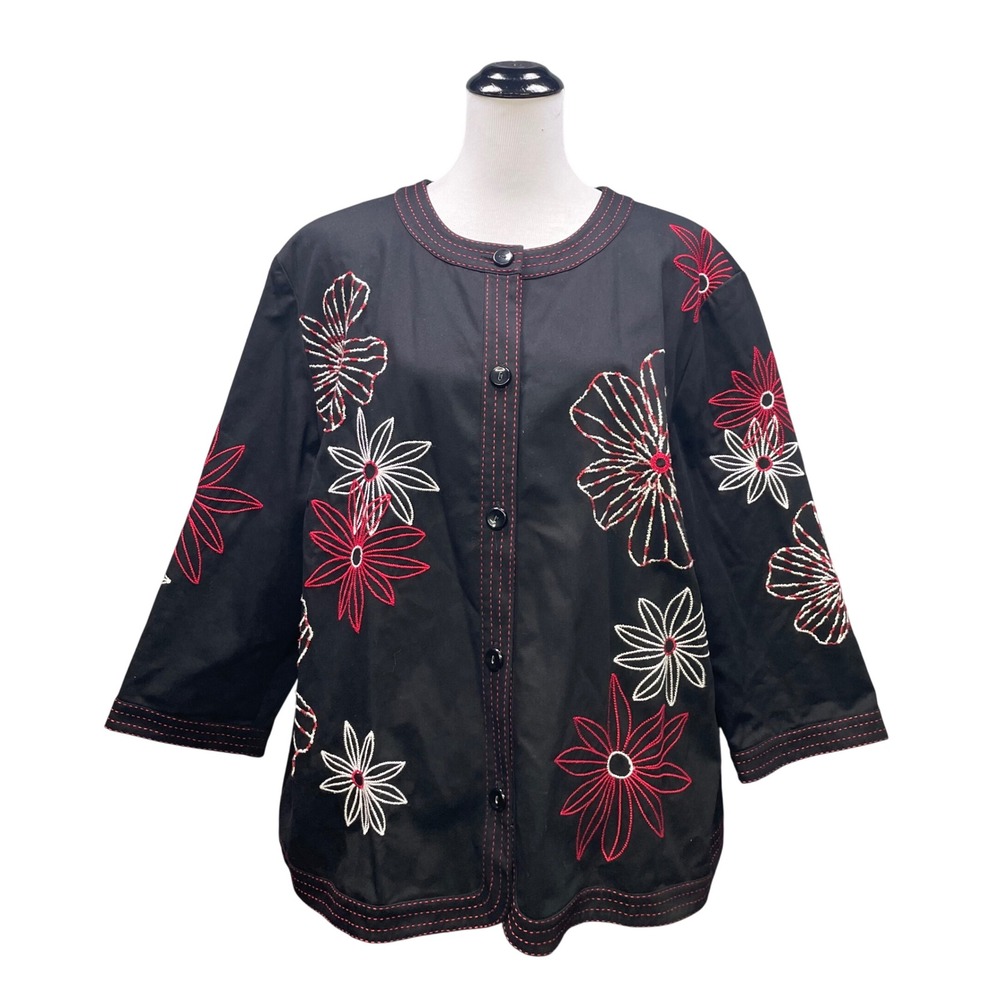 Alfred Dunner Jacket Womens 24W Black Red White Floral Embroidered Cotton Blazer